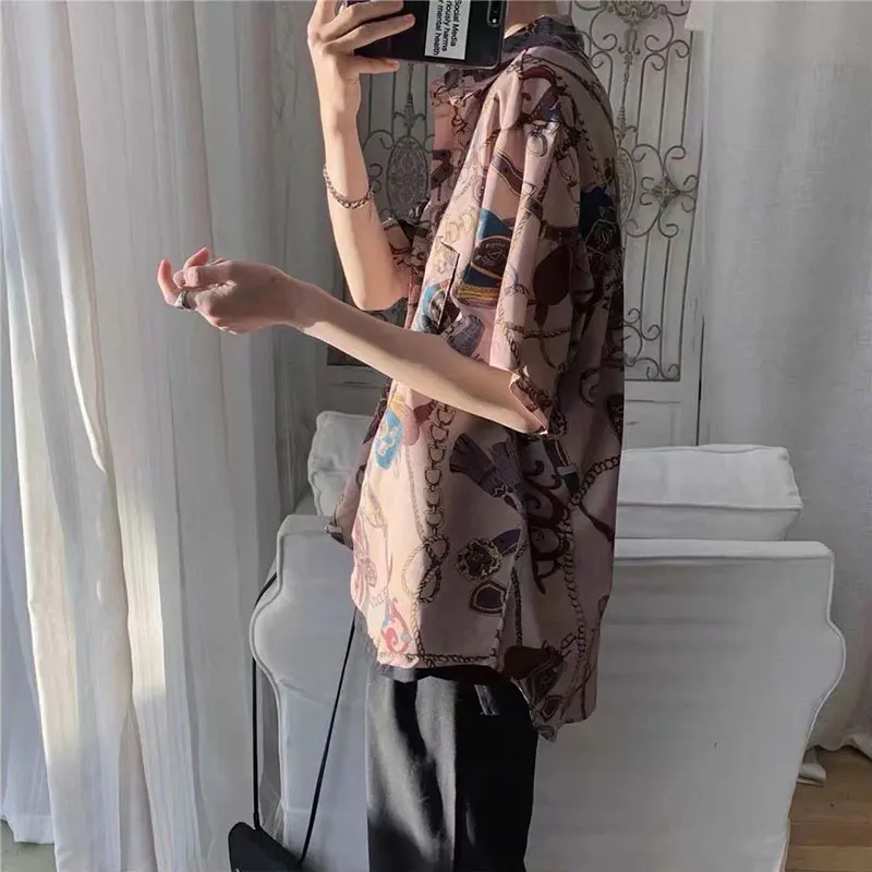 Elegant Fashion Harajuku Slim Fit Male Clothes Loose Casual Sport All Match Outerwear Square Neck Printed Short Sleeve Blusa