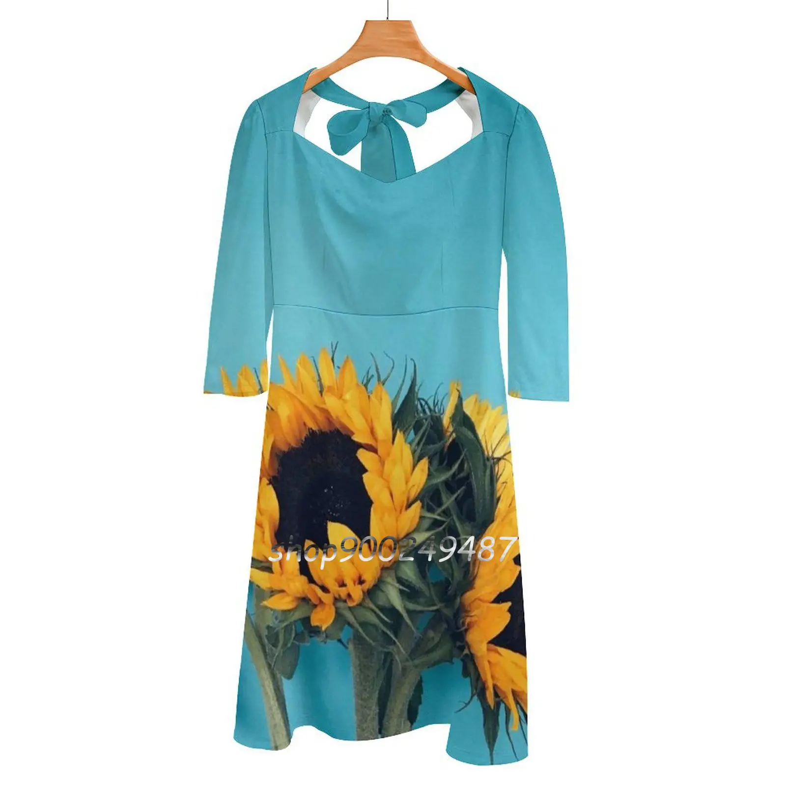 

Sunflowers Sweet Elegant Dress Women Korean Kawaii Square Collar Dress Sunflower Helianthus Asteraceae Common Sunflower Yellow