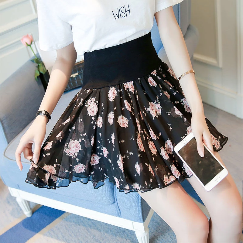 2021 Chiffon Short Skirt Wave Dot Skirt Puffy  Pants Summer Large Anti Light High Waist Half  A-line Yarn  Little safflower black denim skirt