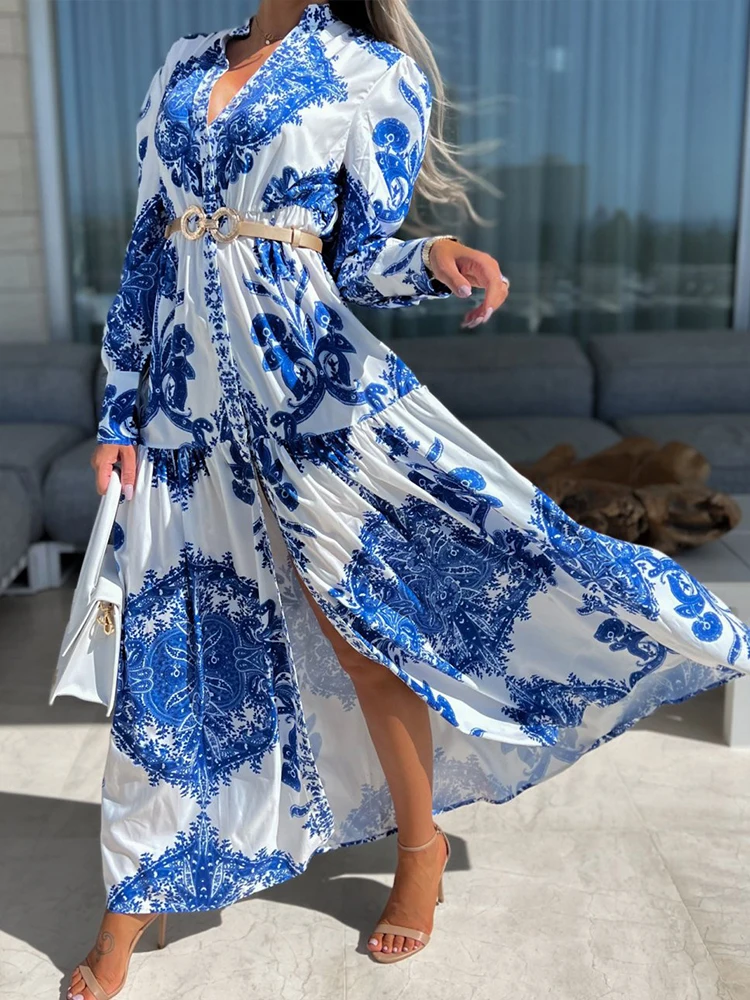 

Elegant V Neck Office Long Shirt Dress Spring Fashion Print Long Sleeve Party Dress Casual Women Single-breasted Slit Maxi Dress