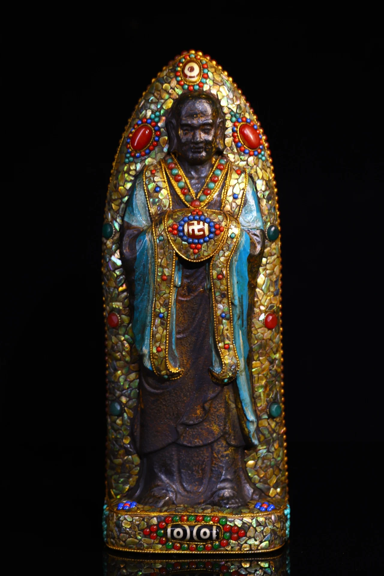 

11"Tibet Temple Collection Old Natural Meteorite Gem gZi Beads Shell Master Amitabha Buddhist Niche Worship Hall Town house