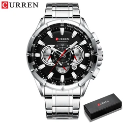 CURREN Men's Stainless Steel Chronograph Watch - Casual Sport Style with Luminous Hands (Silver black box)