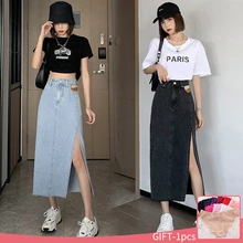 

Summer 2022 New Women's Long Denim Skirt Vintage High Wasit Jeans Skirt Female Straight Side Split A-line Pencil Skirts