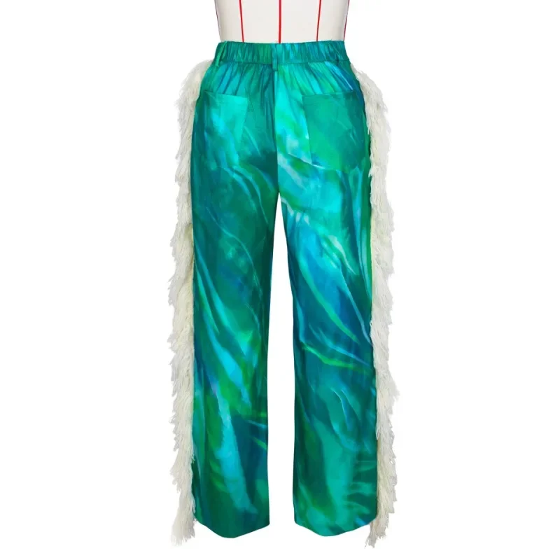 Side Tassel Print Women Casual Pants Button Fly Elastic High Waist Pockets Slim Straight Trousers Fashion Streetwear Bottoms