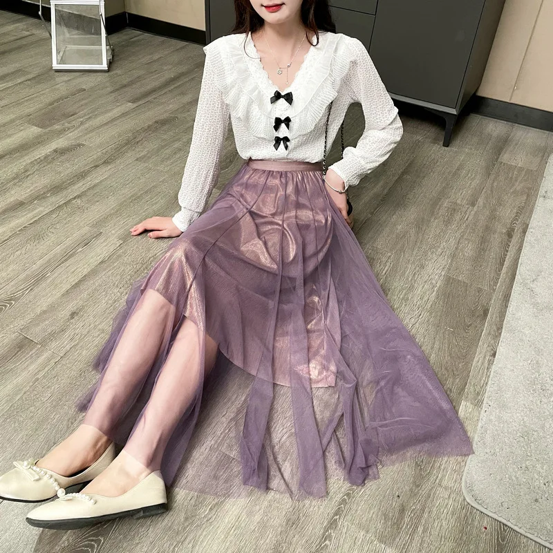 Beautiful Streamer Long Pleated Tulle Skirt A-line Mesh Vintage High Waist Skirts Womens 2022 Spring Summer black tennis skirt