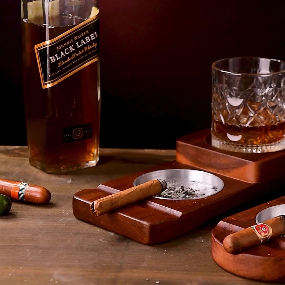 Zigarren-Aschenbecher Coaster: Whiskey-Glastablett mit Zigarrenhalter