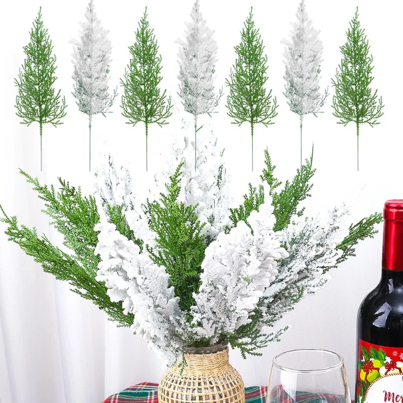 Branches de pin artificielles en flocons de neige, fausses plantes vertes de Noël, feuilles de pin, guirlande DIY, décorations d'arbre de Noël, décoration de fête du Nouvel An_voghion.com