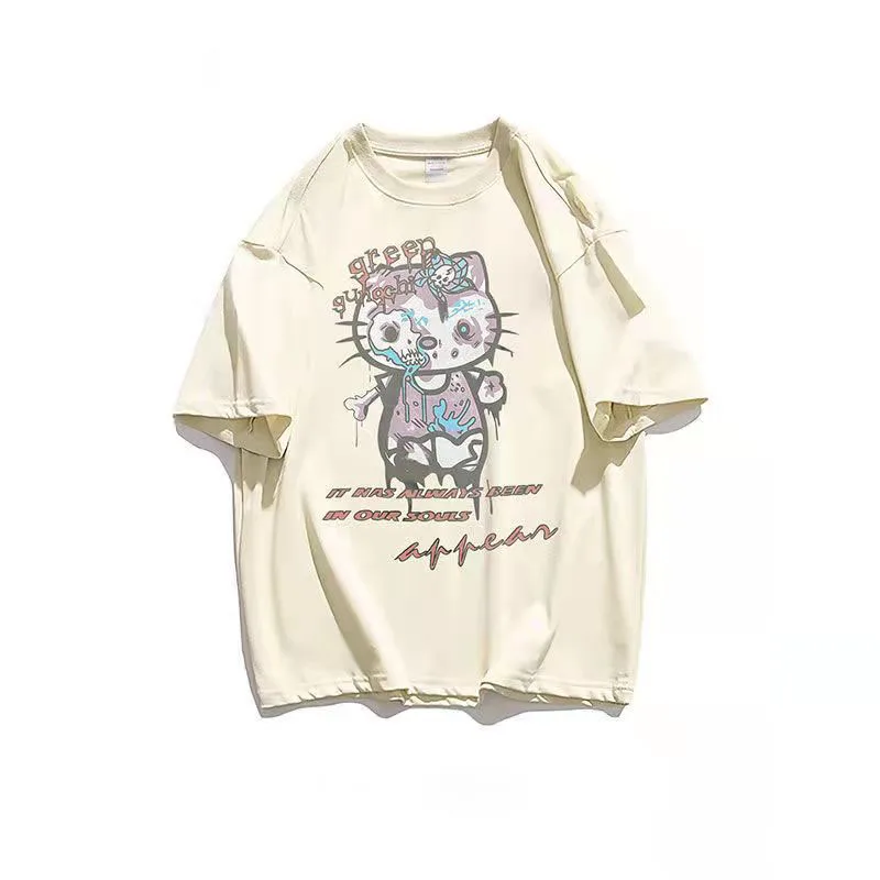 thumbnail image 1 of Hello Kitty-Camiseta de algodón de manga corta con estampado divertido para niña, Top holgado de media manga con personalidad, novedad de verano, 1 of 5