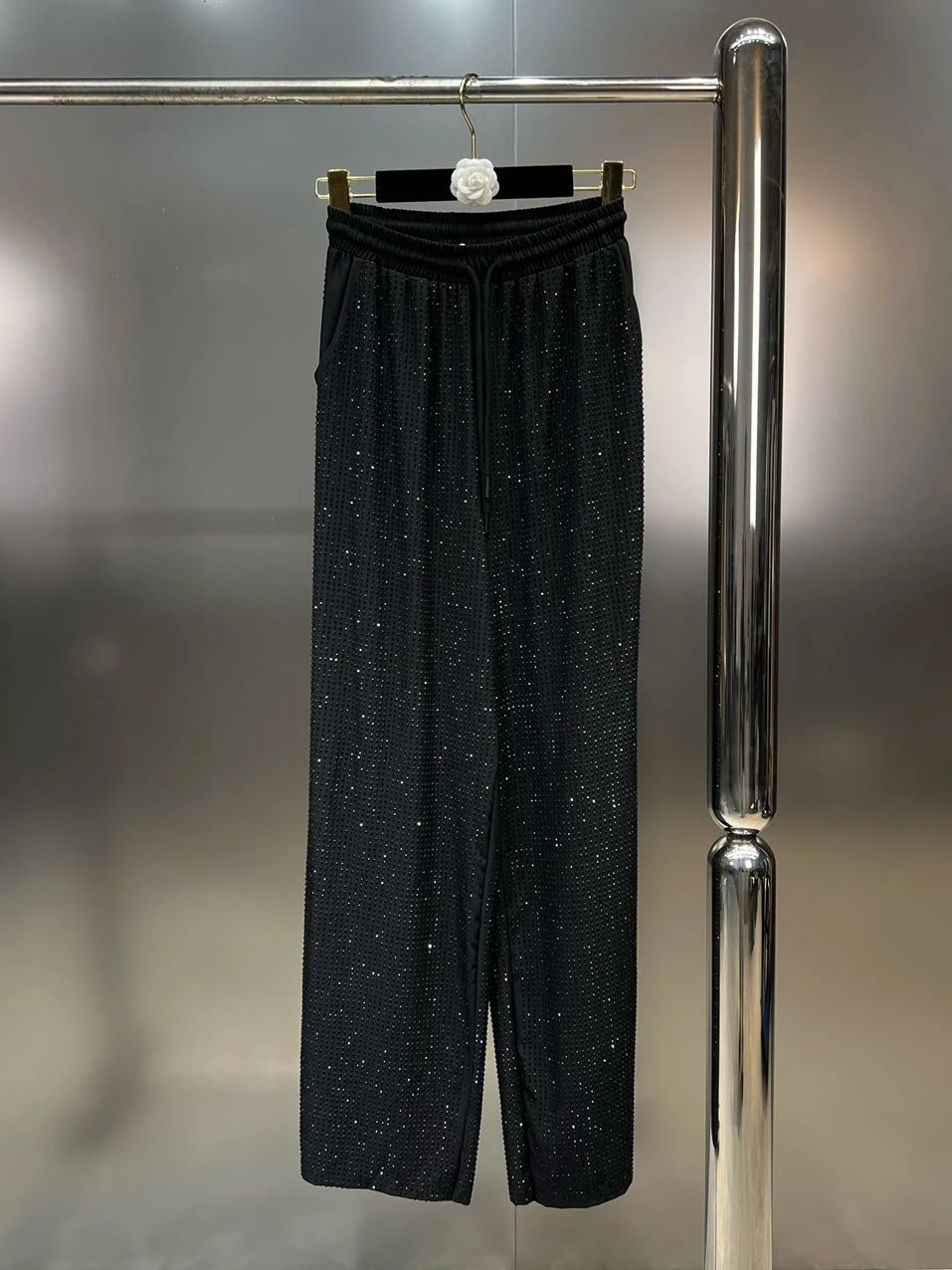 Spring New Lapel Long Sleeve Rhinestone Shiny Loose Blouse High Waist Slim Straight Pants Two-Piece Sets Fashion Outfits Women