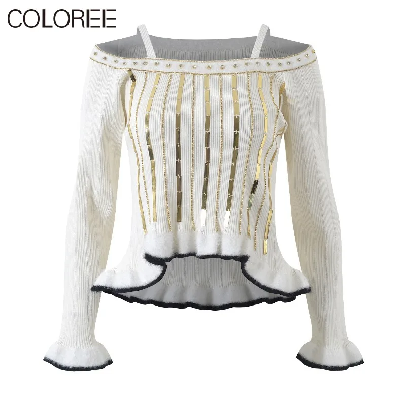 

Korean Fashion Elegant Ruffles Tops for Women Luxury Sequined Sweater Mujer 2023 Autumn Winter White Black Pull Femme Luxe
