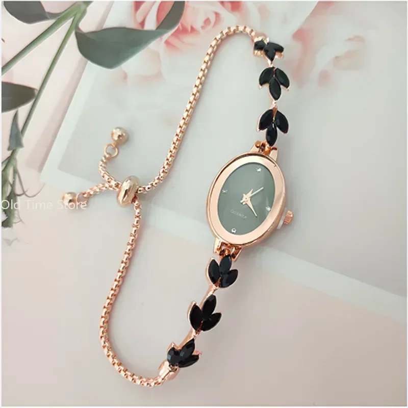 New Elegant Watch for Women Rhinestone Inlaid for Clover Lady Watches Oval Fashion Quartz Wristwatch Bracelet Clocks Reloj Mujer 6
