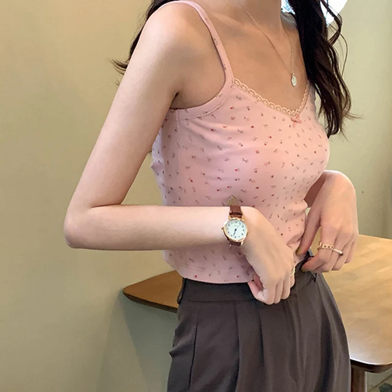 Women Tops Summer Girls Tops Short Slim Lace Sweet Print Crop Top Ladies Bottoming Cute Tops Top Mujer Top Femme - 4