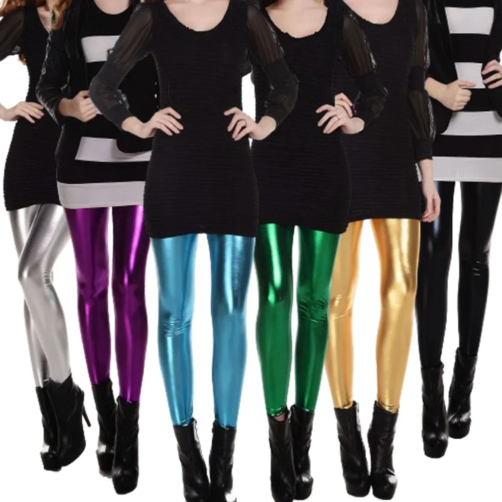 Women Sexy Skinny Faux Leather Leggings Pencil Pants Shiny Solid Color Punk Gym Legging Gold Silver Metallic Shiny Leather Pants