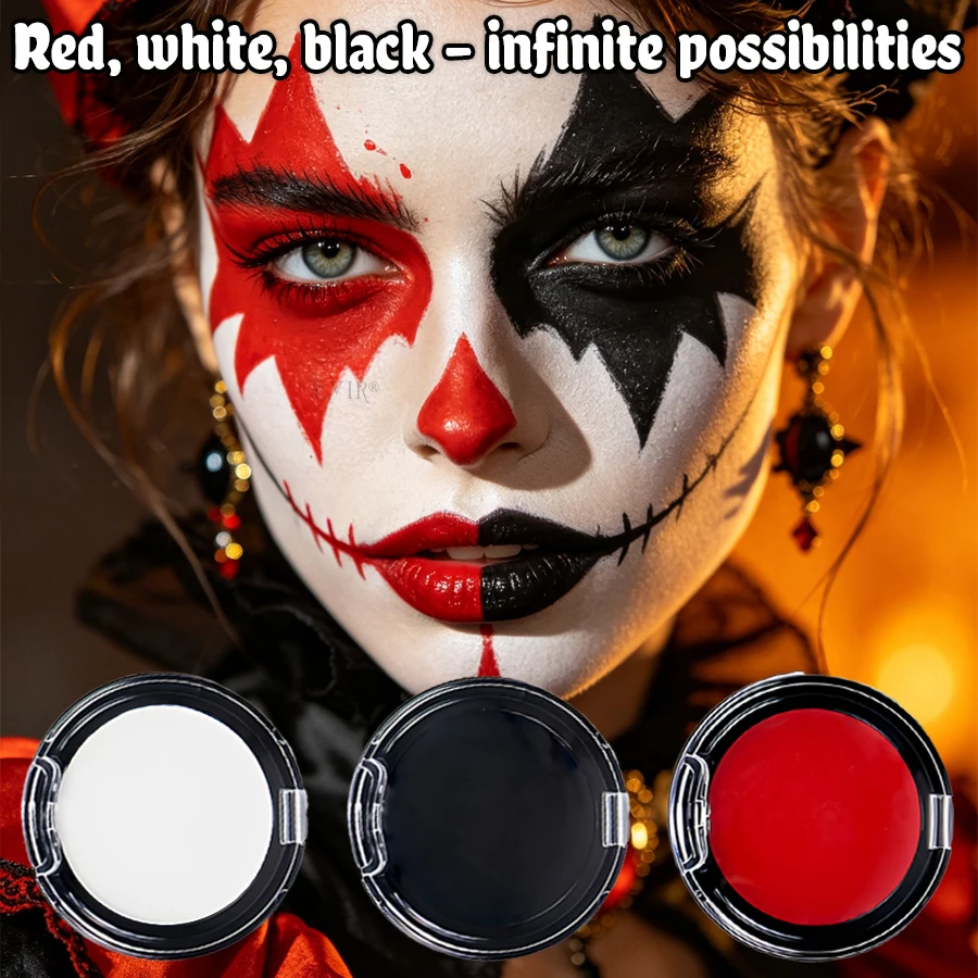Set di Trucco per Viso e Corpo, Colori Nero Bianco Rosso, Crema per Trucco con Pennello, Pigmenti Lavabili per Halloween, Cosplay, Carnevale - immagine 5