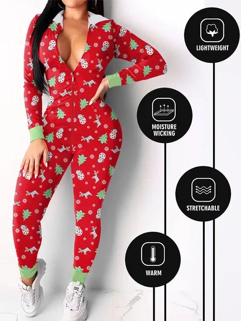 Women s Christmas Pajamas Romper Cute Print Long Sleeve Zip Up Hooded Jumpsuit Sleepwear 3