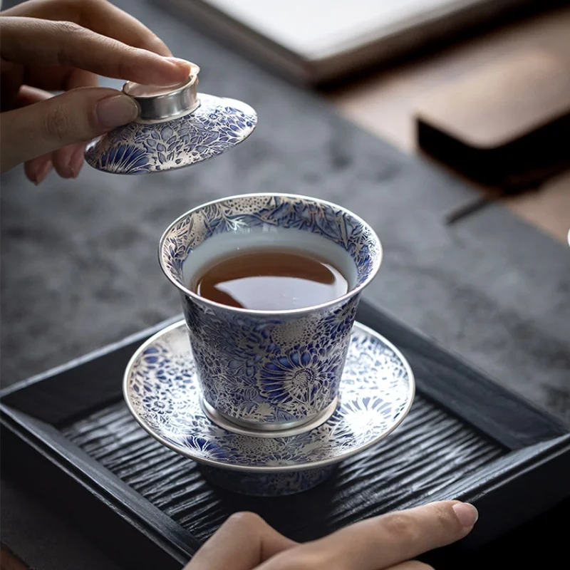 125ML Ceramics Gilded Silver Sunflower Gaiwan Handmade Household Kung Fu Tea Set Tea Bowl Cup Tureen Pot Gift Box