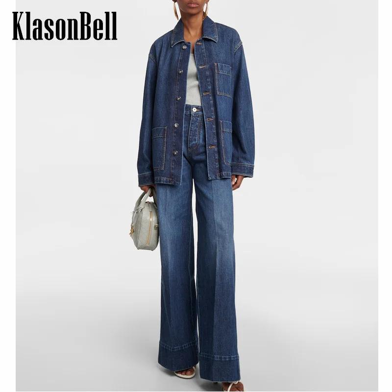 

12.4 KlasonBell Fashion Multi Pocket Single Breasted Loose Midi Denim Jacket Or Button Fly Straight Roll-Up Jeans Set Women