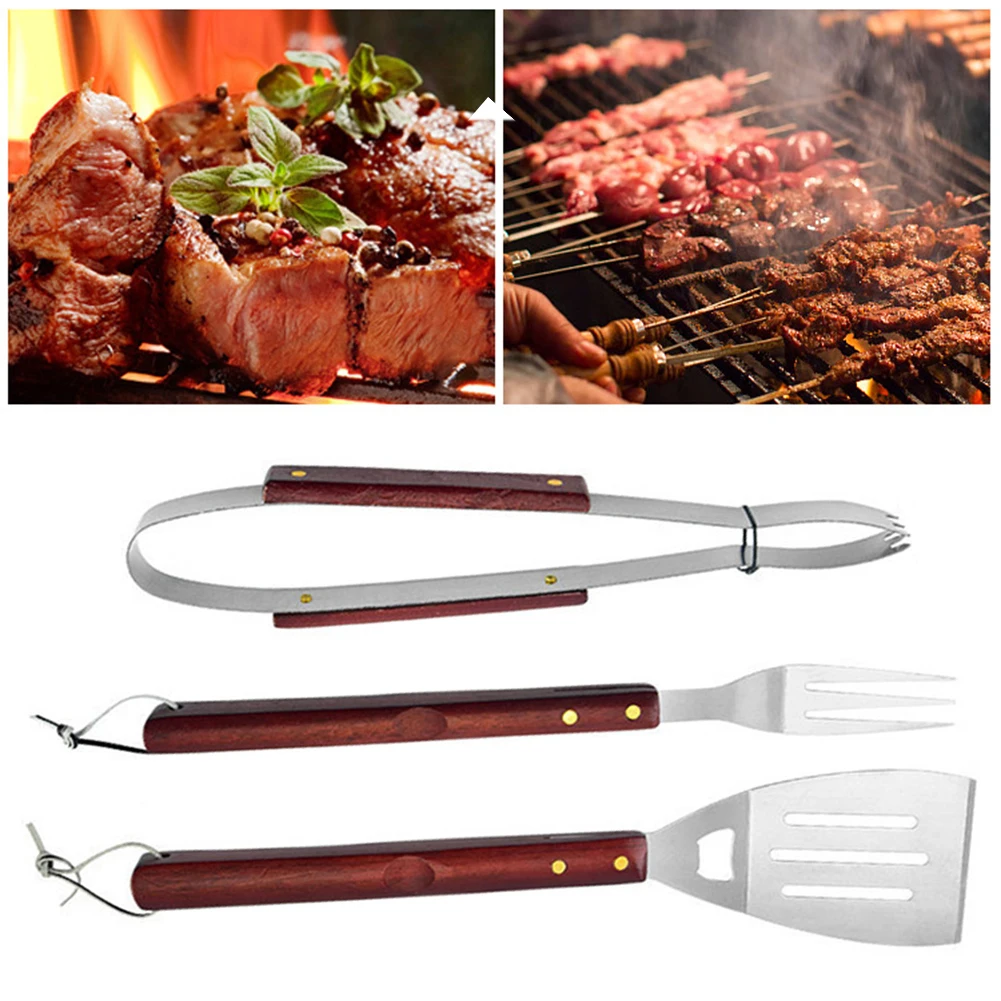 Grillset mit Holzgriff, tragbares Grillzubehör aus Edelstahl für Picknick – Detail 3