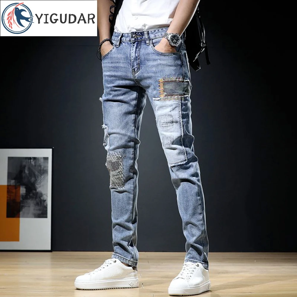 

2024 Fashion Mens Jeans Autumn Patch Light Blue Trend Loose Pants Elastic Streetwear Boyfriend Biker Man Straight Denim Trousers