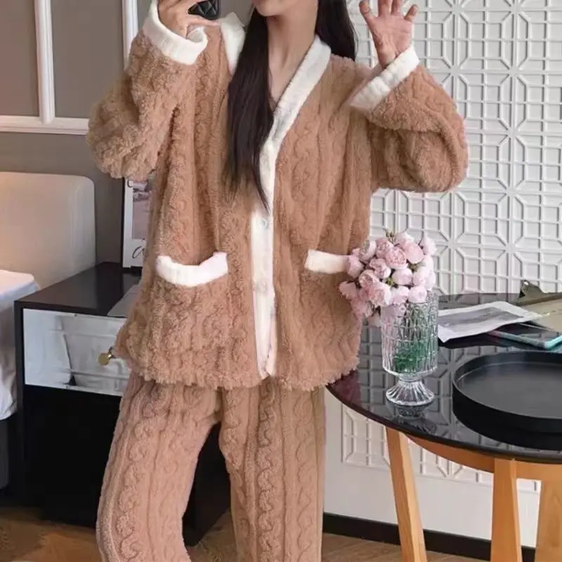 Autumn Winter Loose Sweet Casual Pajamas Women's Set Thick Fleeceing Wool Long Sleeve Cardigan Elastic Waist Long Pants Trousers