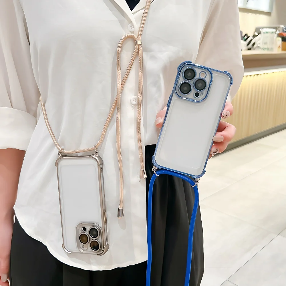 FLYKYLIN Luxury Lanyard Plating Silicone Phone Case with Clear Back Cover