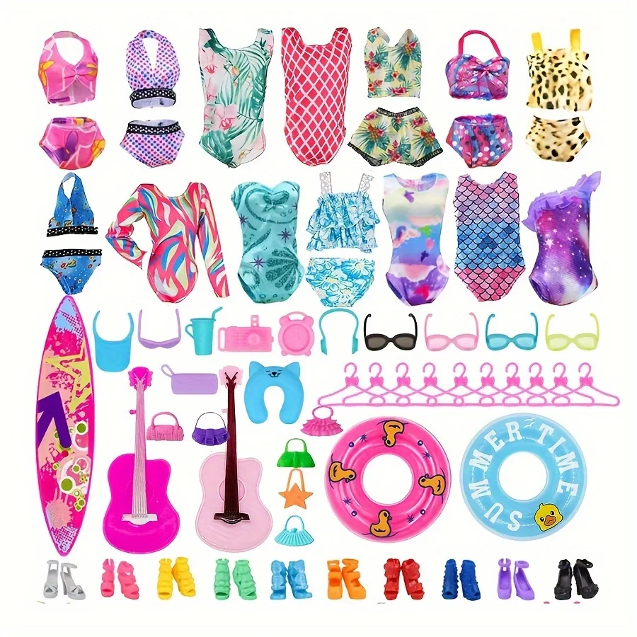 40-teiliges Set 11,5'' /30cm Puppenkleidung Badeanzüge Bikini-Zubehör für Puppenschuhe Surfbrett Gitarre Schaukel Ringaufhänger