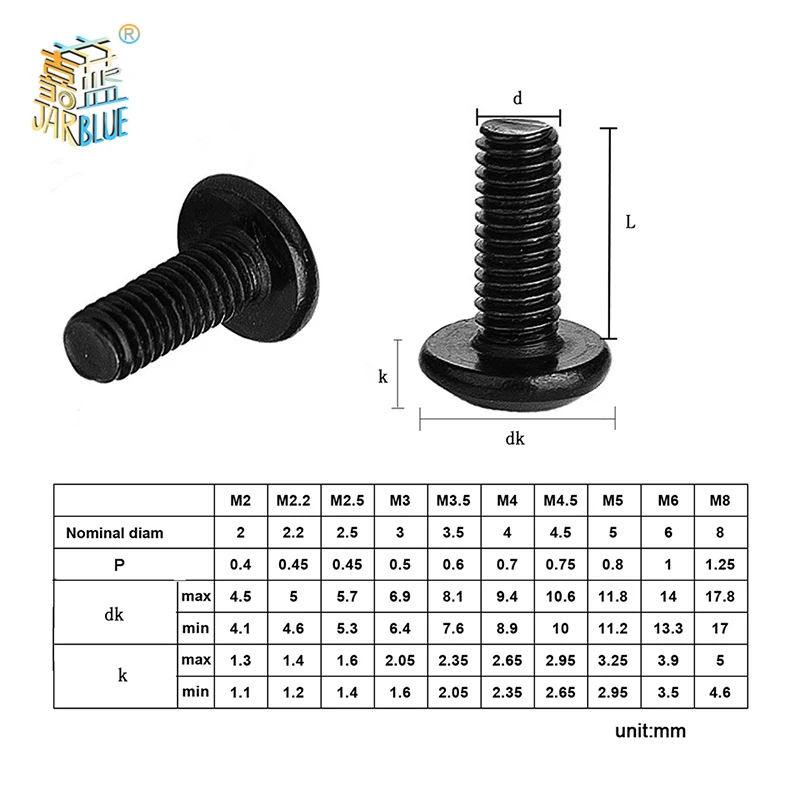 100Pcs/lot TM Screws Phillips Truss Mushroom Head Screw Black Plated Electronic Carbon Steel Screws M2 M2.5 M3 M3.5 M4 M5 M6