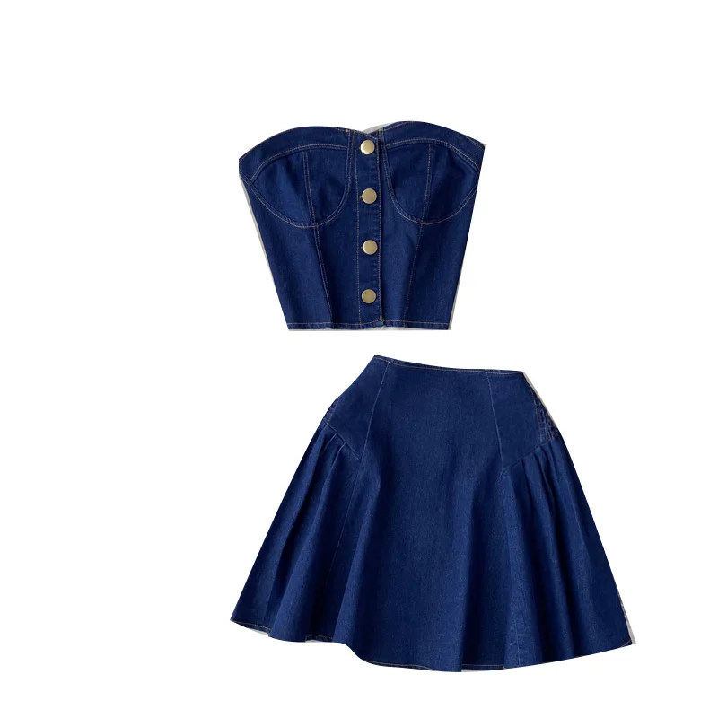 

Summer Ladies Sweet Denim Suit Skirt Shoulderless Sexy Tube Top + High Waist A-Line Short Skirt Fashion Retro Two-piece Set