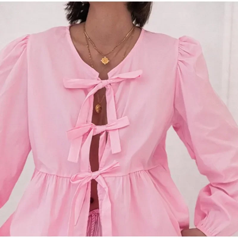 S897ffd7b517744f7a32211b9424bba3fC Fashion Leopard Print Bow Women Shirts Casual Long Sleeve O-neck Lace Up Blouses Spring Summer Retro Hollow Out Female Top Mallzona