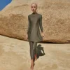 Arabian Style Conservative One-Piece Swimsuit Long Sleeve Full Coverage Pure Color Beachwear High-Waisted Quick-Dry Eco-Friendly