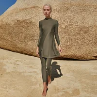 Arabian Style Conservative One-Piece Swimsuit Long Sleeve Full Coverage Pure Color Beachwear High-Waisted Quick-Dry Eco-Friendly