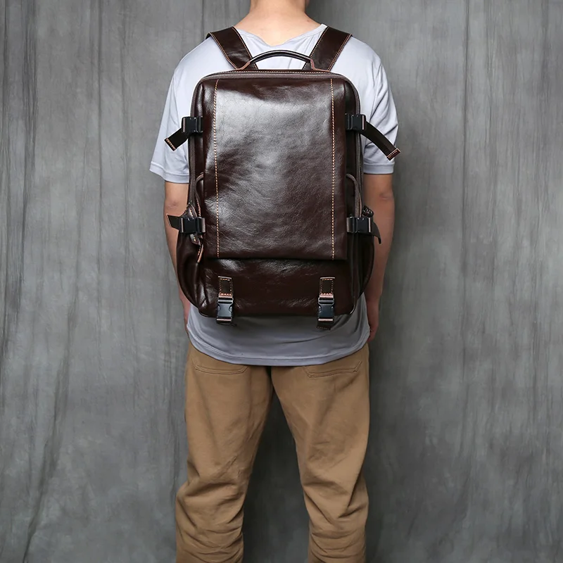 NZPJ Retro Genuine Leather Men Backpack Vegetable Tanned Top Layer Cowhide Backpack Large Capacity Travel Bag For 16 inch laptop