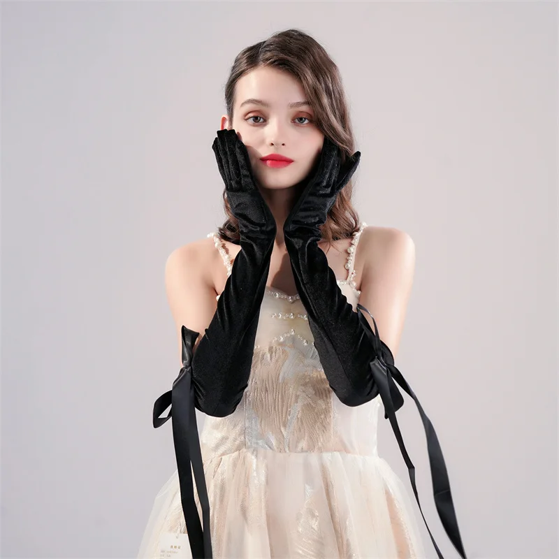 Black velvet bow dress gloves dinner gloves Halloween accessories studio photography accessories velvet bow gloves