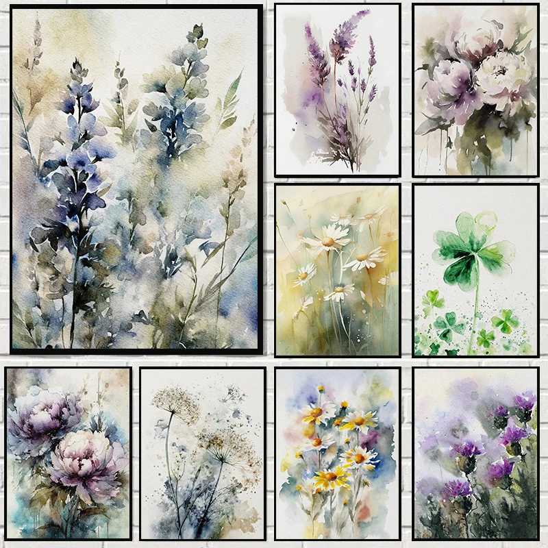 Wildflower Meadow Watercolor Canvas Art - Daisy, Thistle, Forget-Me-Not & Daffodil Wall Decor