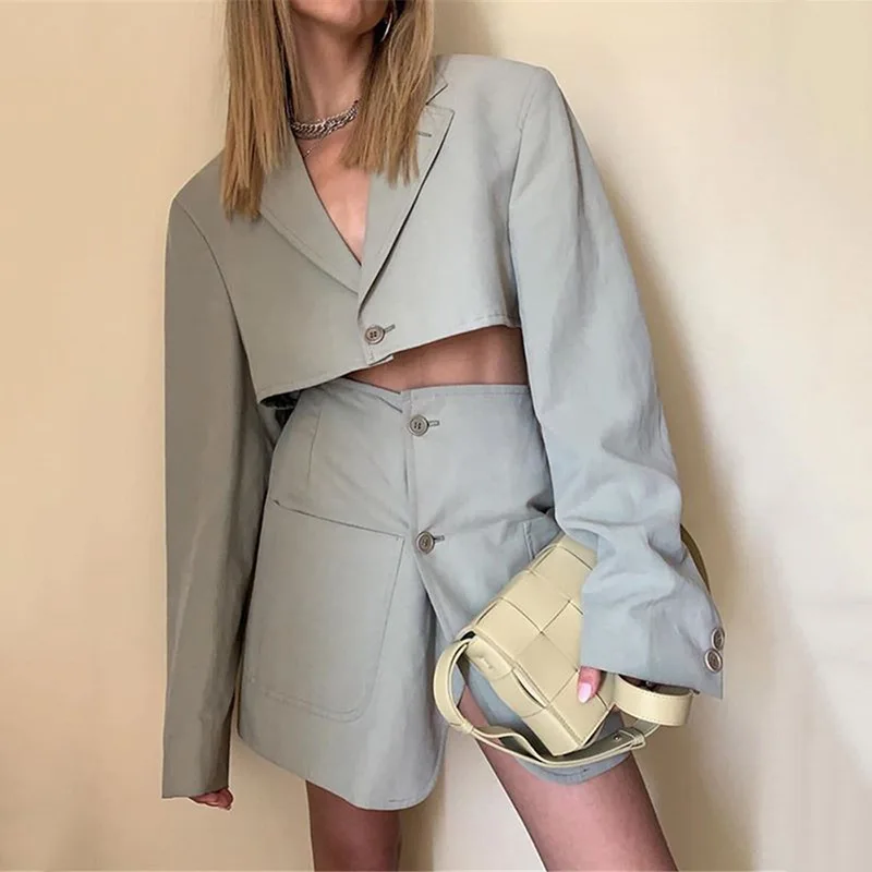 2023 New Notch Single Button Suit Cardigan Jacket Suit Ladies Office Bag Hip Skirt Suit Jacket High Waist A-line Mini Skirt Set