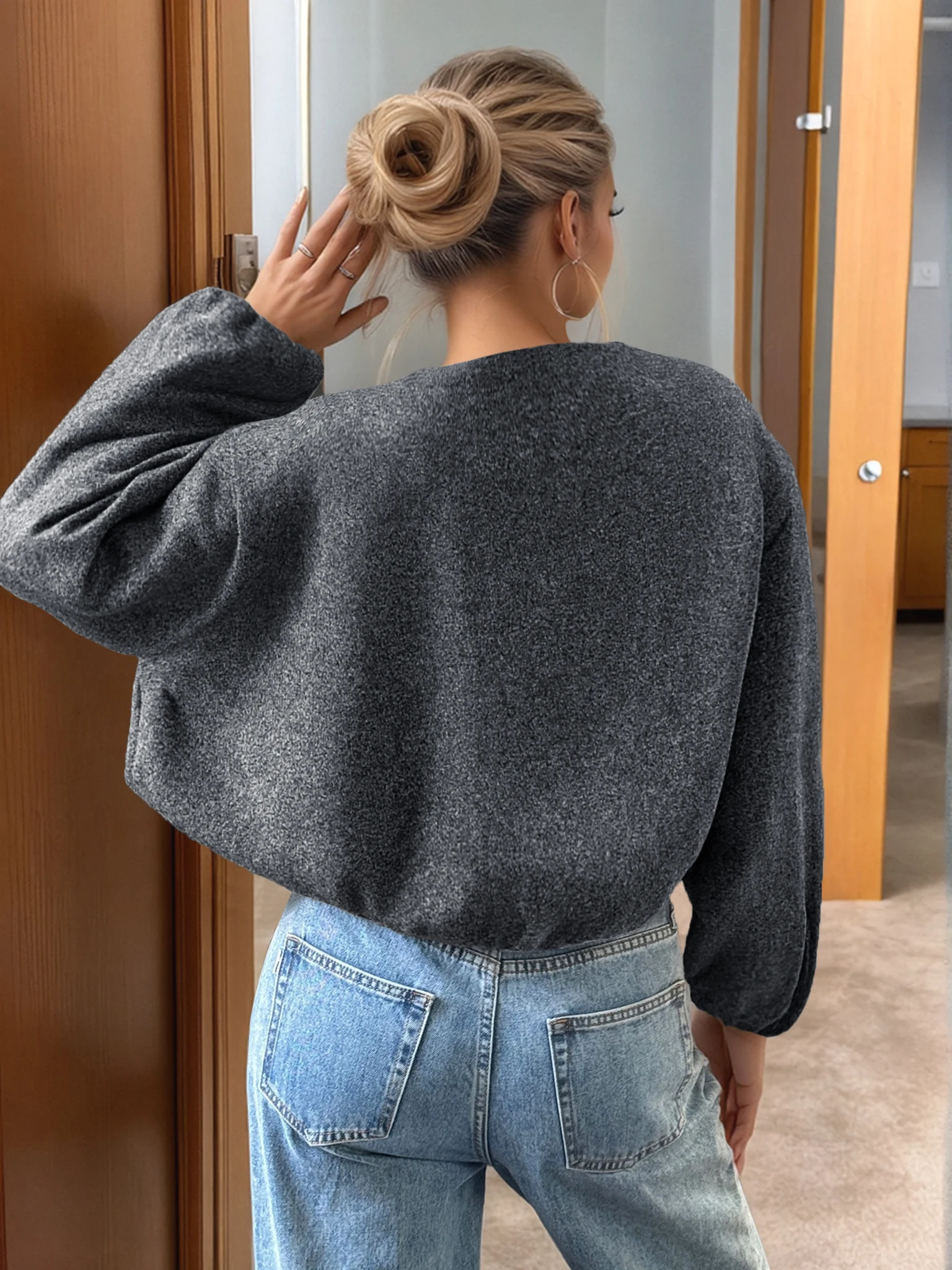 Veste courte à col rond et fermeture éclair pour femme, vêtement d'extérieur doublé en laine, à la mode, pour les déplacements domicile-travail, automne et hiver