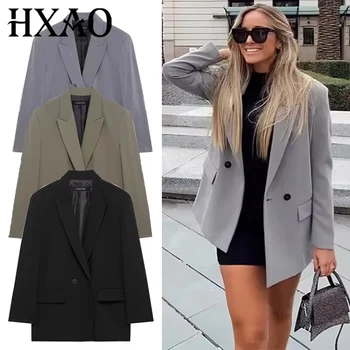 HXAO بليزرات للنساء أسود رمادي طويل السترة امرأة مكتب ارتداء طويلة الأكمام الصلبة السترة المتضخم عالية الجودة المرأة السترة