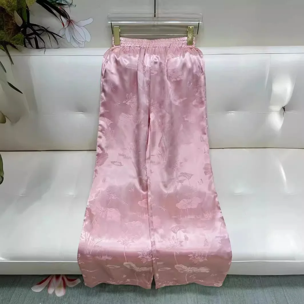 High-end Spring Summer Women Satin Jacquard Wide Leg Pants Vintage Lady Casual Loose Trousers Female S-XXL