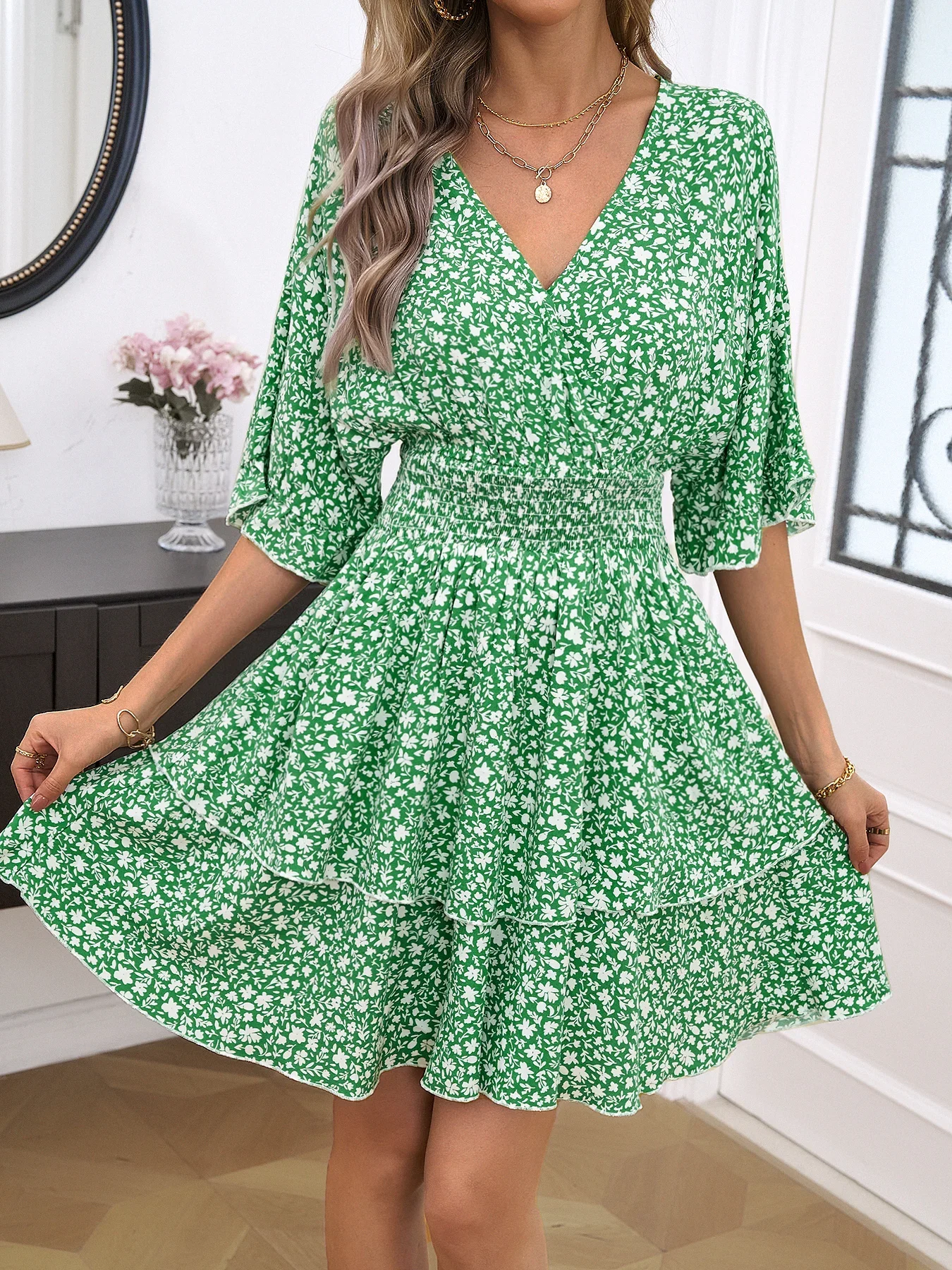 Women Summer Vintage Flower V Neck Dress main image 0