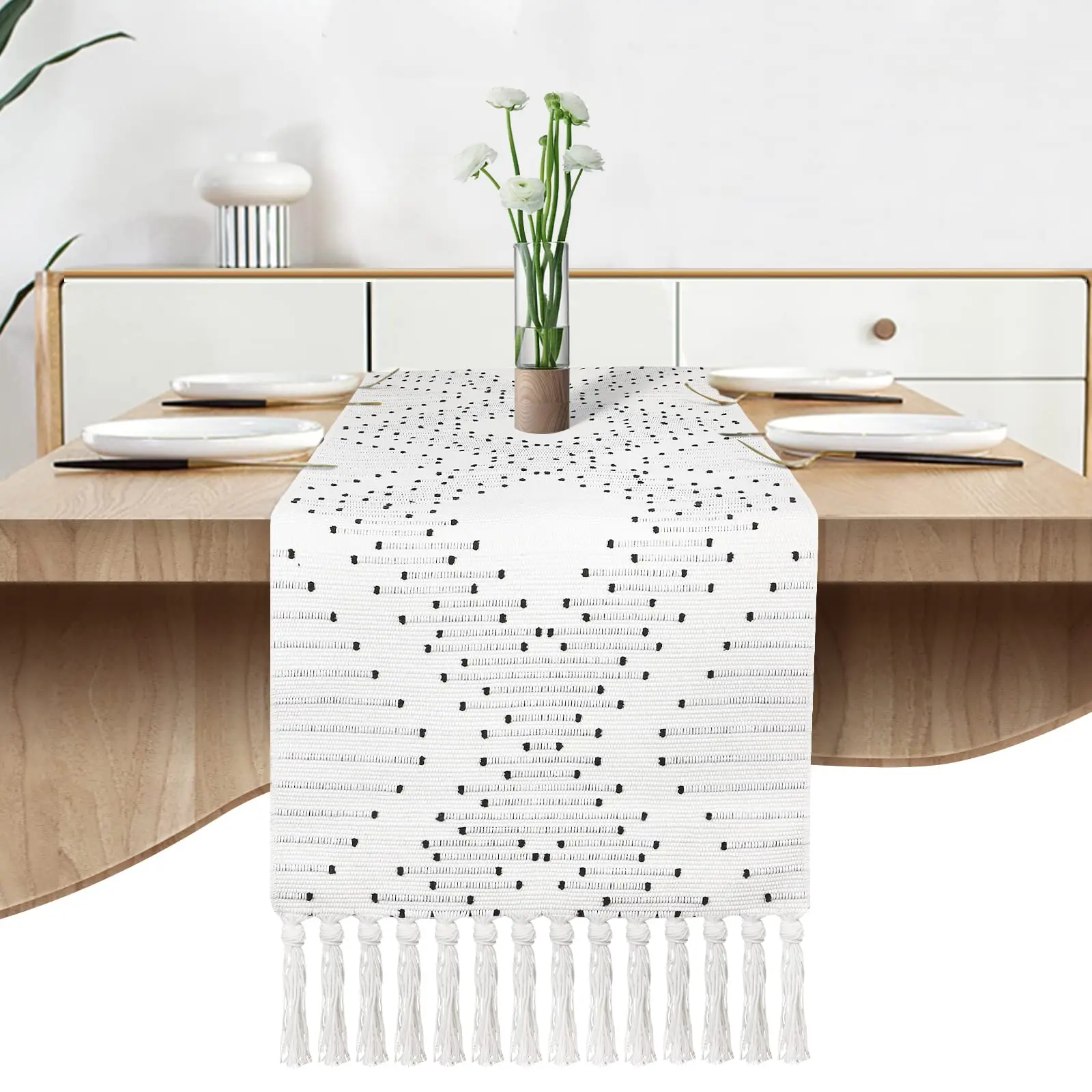 

Black and White Table Runner, Farmhouse Rustic Boho Table Runner with Tassels, Coffee Table Runner for Dining Room