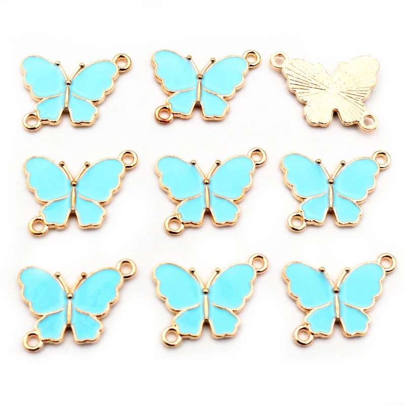 10pcs 15x20mm 더블 루프 나비 매력 펜던트 에나멜 합금 금속 매력 DIY 쥬얼리 액세서리 목걸이 팔찌