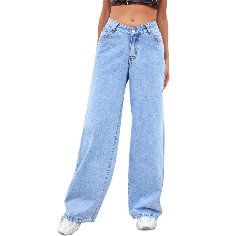 Fashionable Denim Pants Women's Light Color Wide Leg High Waist Straight Tube Versatile Trendy Pants