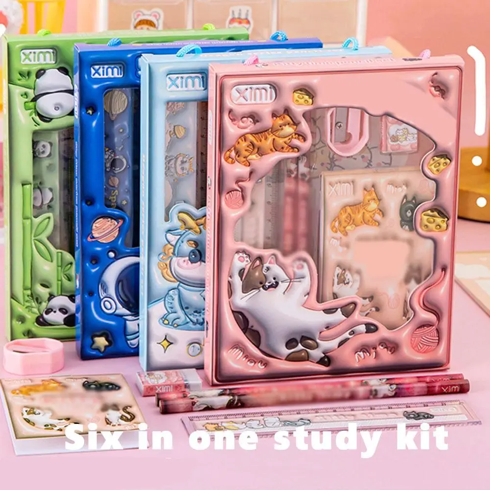 6 in 1 문구 세트 귀여운 초등학생 학습용 선물 상자 학습 문구 세트 - 연필, 연필깎이, 지우개