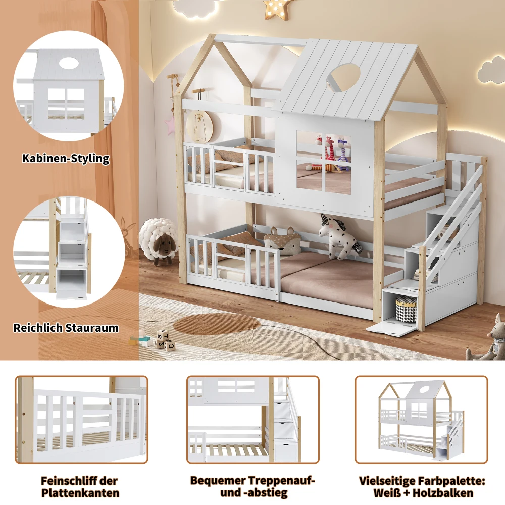 90 x 200 cm großes Etagenbett aus Kiefernholz und MDF – mit Stauraumtreppe, Fallschirmgitter, Fenster- und Dachdesign, weiß und natürliches Finish für Schlafzimmer – Detail 10