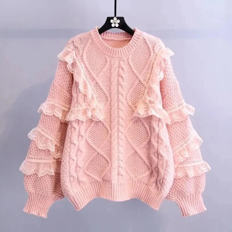 Womens 2022 Autumn Winter Fashion Lace Loose Sweater Tops Female O-neck Twist Knitted Tops Ladies Thicken Warm Pullovers Sweater black sweater