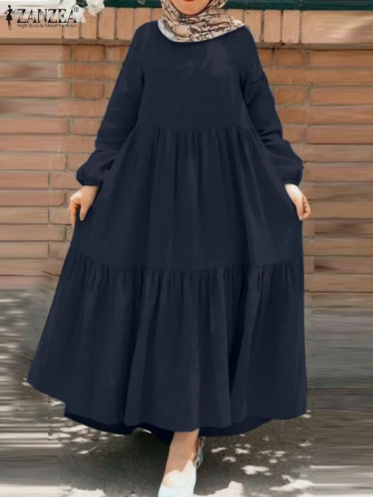 

ZANZEA Autumn Full Sleeve O-Neck Solid Color Dresses Ruffles Fashion Muslim Dress Vintage Casual Elegant Party Robe Eid Mubarek