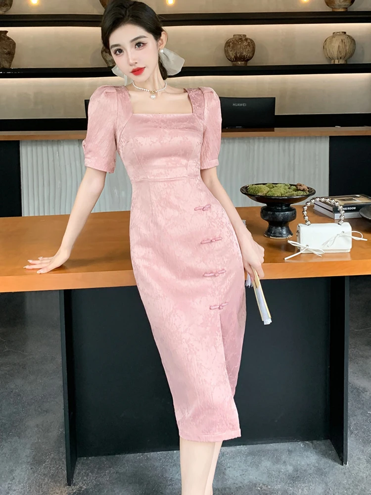 Korean Elegant OL Women Square Neck Sheath Bodycon Pencil Cocktail Formal  Dress