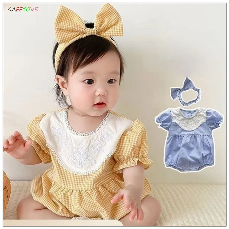 

Girl Baby Romper Short Sleeve Summer Infantil 100% Cotton Toddler Clothes Birthday Baptism Headwear Baby Overalls 0-18M Outfits