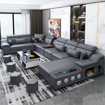MANBAS Set di divani componibili moderni in tessuto scientifico con chaise longue, altoparlanti Bluetooth e porte di ricarica USB per soggiorno 1