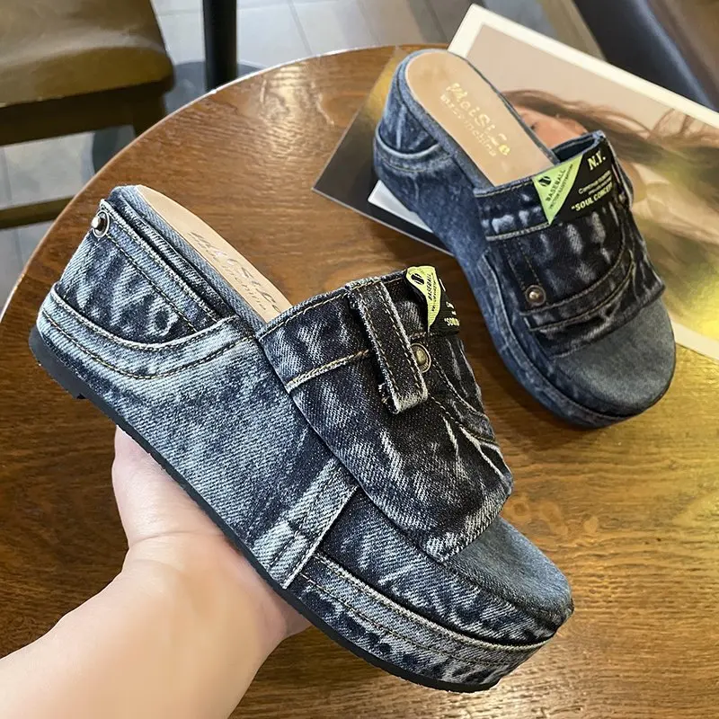 Sandali Da Donna Estivi Zeppe Peep Toe Denim Platform Slides Scarpe Fondo Spesso Outdoor Beach Casual Infradito Calzature Sexy